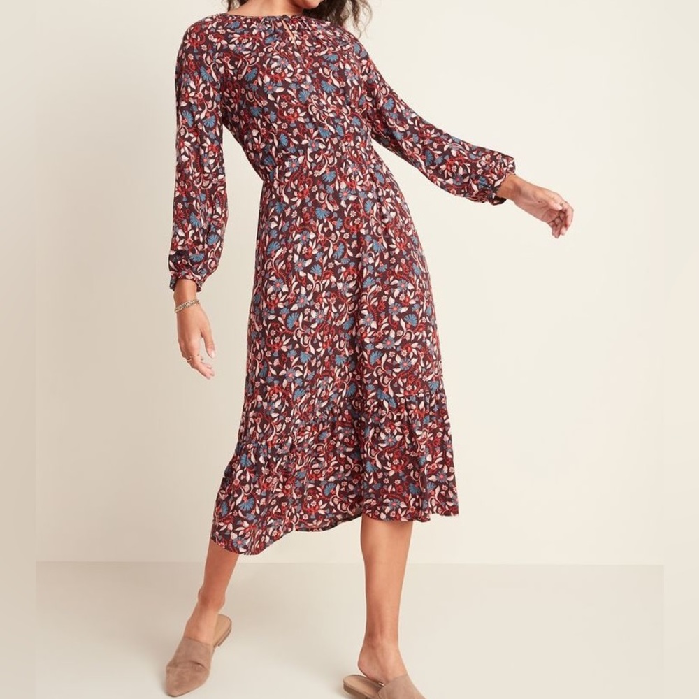 Old Navy Floral-Print Waist-Defined Midi Dress Size XS.